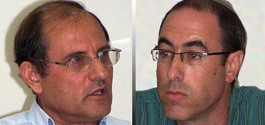 פרופ' מרדכי קרמניצר (משמאל) והעיתונאי קלמן ליבסקינד, היום בכנס אג'נדה (צילום: "העין השביעית")