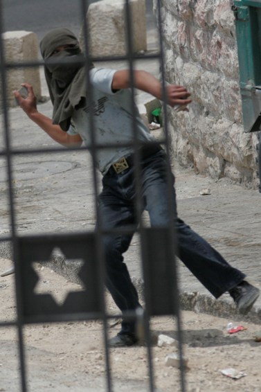 פלסטיני משליך אבן, אתמול בראס אל-עמוד (צילום: אורן נחשון)