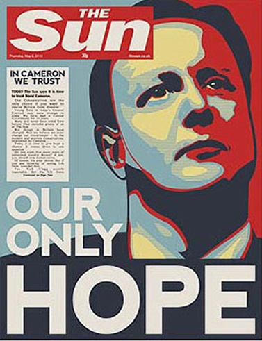 שער "הסאן" ערב הבחירות בבריטניה, בתמיכה במפלגה השמרנית ובמועמד דייוויד קמרון