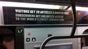 מודעה ברכבת התחתית של ניו-יורק המציגה את מודל חומת התשלום של אתר ה"ניו-יורק טיימס", יולי 2011 (צילום: ג'ייסון טסטר, גרילה פיוצ'ר, רישיון cc-by-nd)