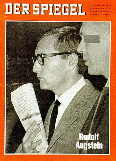 מעצרו של רודולף אוגשטיין, מו"ל העיתון "דר שפיגל", על שער הגיליון מה-7 בנובמבר 1962