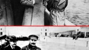 ניקולאי יז'וב (מימין בתמונה העליונה), ראש המשטרה החשאית הסובייטית, בתמונה עם סטלין משנות ה-30 של המאה ה-20. התמונה התחתונה, המצונזרת, הופצה לאחר שיז'וב הוצא להורג (צילום: לא ידוע, נחלת הכלל)