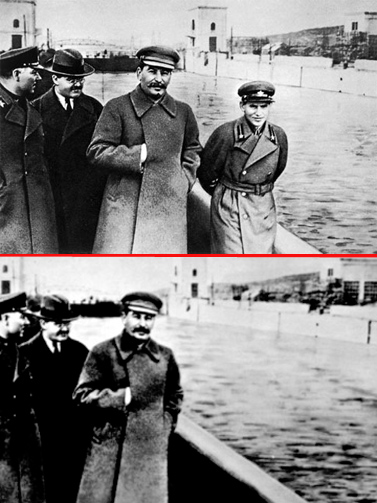 ניקולאי יז'וב (מימין בתמונה העליונה), ראש המשטרה החשאית הסובייטית, בתמונה עם סטלין משנות ה-30 של המאה ה-20. התמונה התחתונה, המצונזרת, הופצה לאחר שיז'וב הוצא להורג (צילום: לא ידוע, נחלת הכלל)  