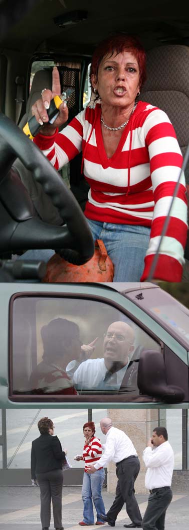 מלמעלה: סימה רווח במכוניתה, בלון הגז בין רגליה; משוחחת עם מנכ"ל הכנסת אבי בלישניקוב; דליה איציק מצטרפת לתמונה (צילומים: פלאש 90)