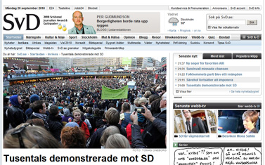 אתר העיתון "Svenska Dagbladet", מהגדולים בשבדיה, מסקר הפגנה נגד מפלגת הדמוקרטים-השבדים (צילום מסך)