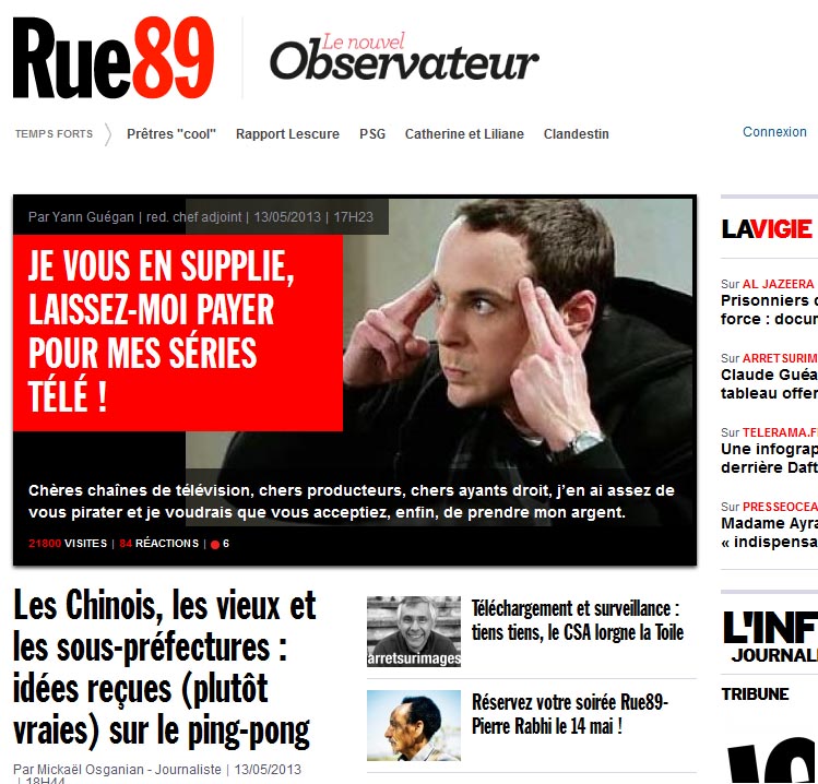 מתוך דף הבית של האתר הצרפתי "Rue89" (צילום מסך)