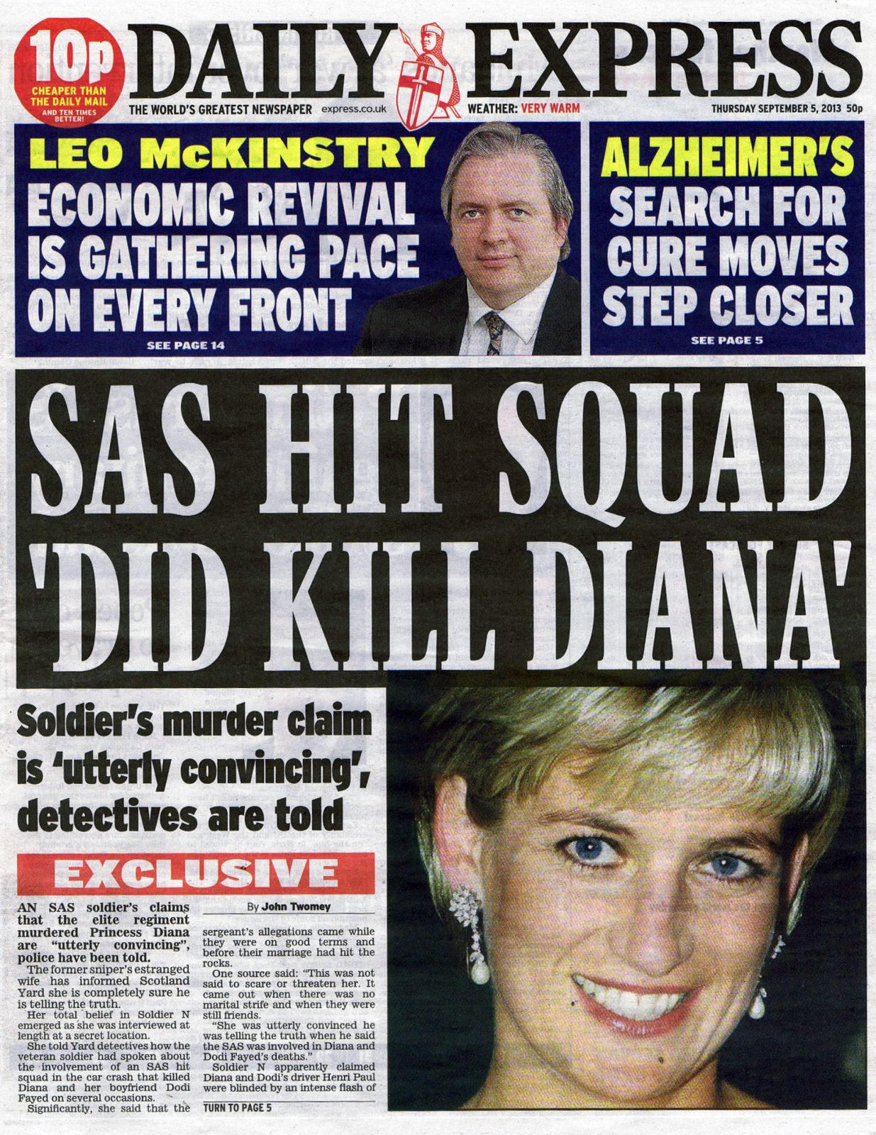 "יחידת חיסול של ה-SAS אכן הרגה את דיאנה", כותרת ה"דיילי אקספרס", 5.9.13