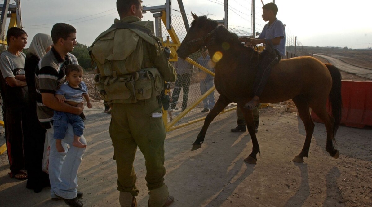 חייל ופלסטינים סמוך לקלקיליה, 8.8.2003 (צילום: שרון פרי)