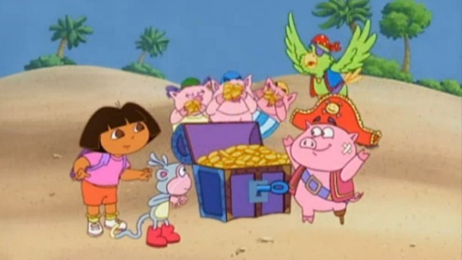 דורה (משמאל) וחברים: קוף, תוכי וחזירים, מתוך סדרת הילדים "דורה החוקרת" (צילום מסך)