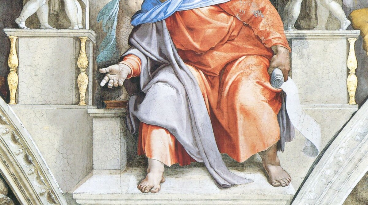 מיכאלנג'לו בואונרוטי, "יחזקאל", פרט מתקרת הקפלה הסיסטינית (1508–1512)