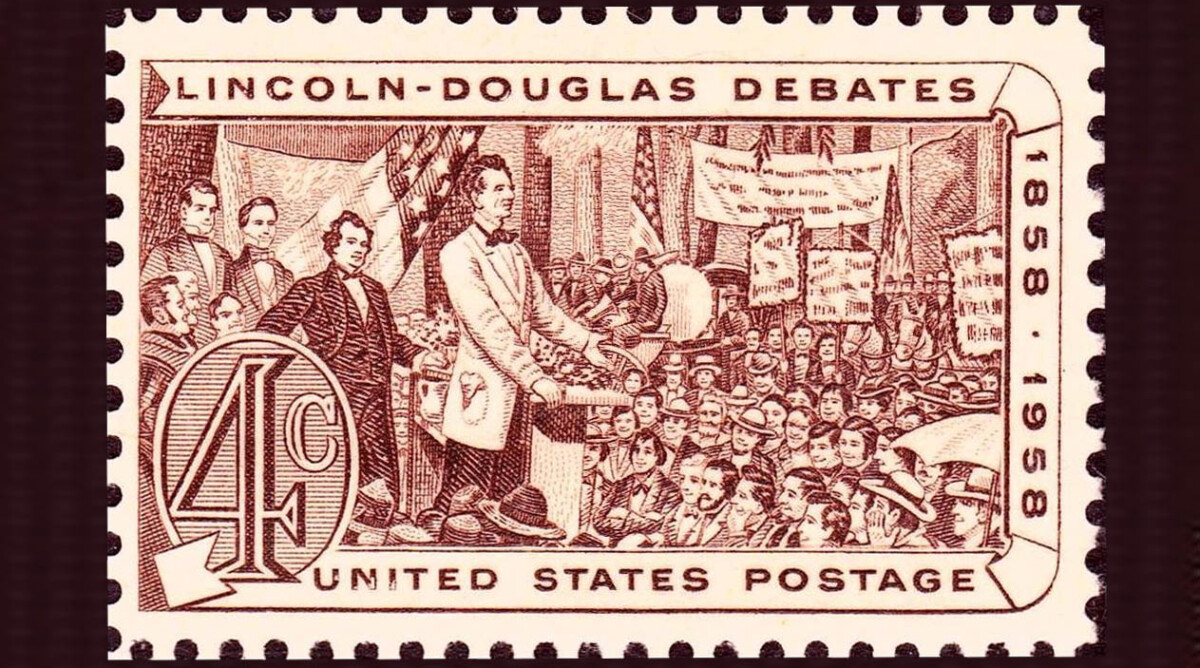 בול דואר אמריקאי לזכר העימותים הפוליטיים שניהלו המועמדים לסנאט אברהם לינקולן וסטיוון דאגלס בקיץ 1858