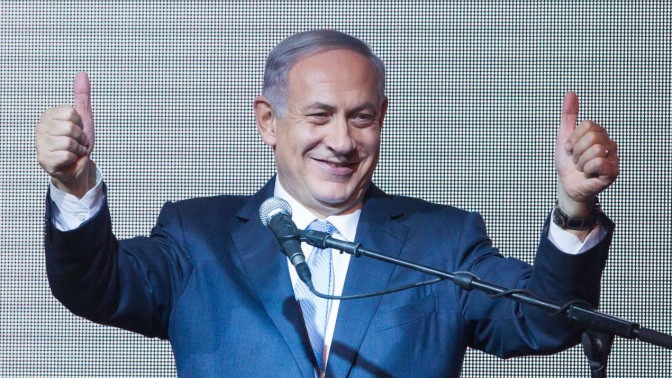 ראש הממשלה, בנימין נתניהו, בנאום הניצחון שלו בגני-התערוכה בתל-אביב, 17.3.15 (צילום: מרים אלסטר)