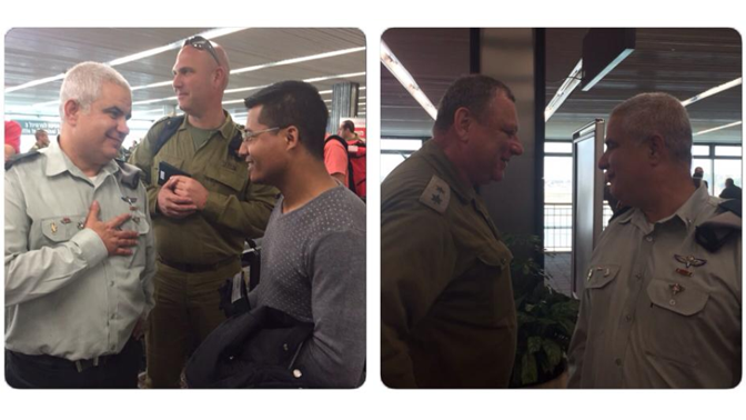 דובר צה"ל תא"ל מוטי אלמוז (מימין ומשמאל) בתמונה שהעלה לדף הפייסבוק הרשמי שלו, עם המשלחת הצה"לית לנפאל בשדה התעופה בישראל, 27.4.15