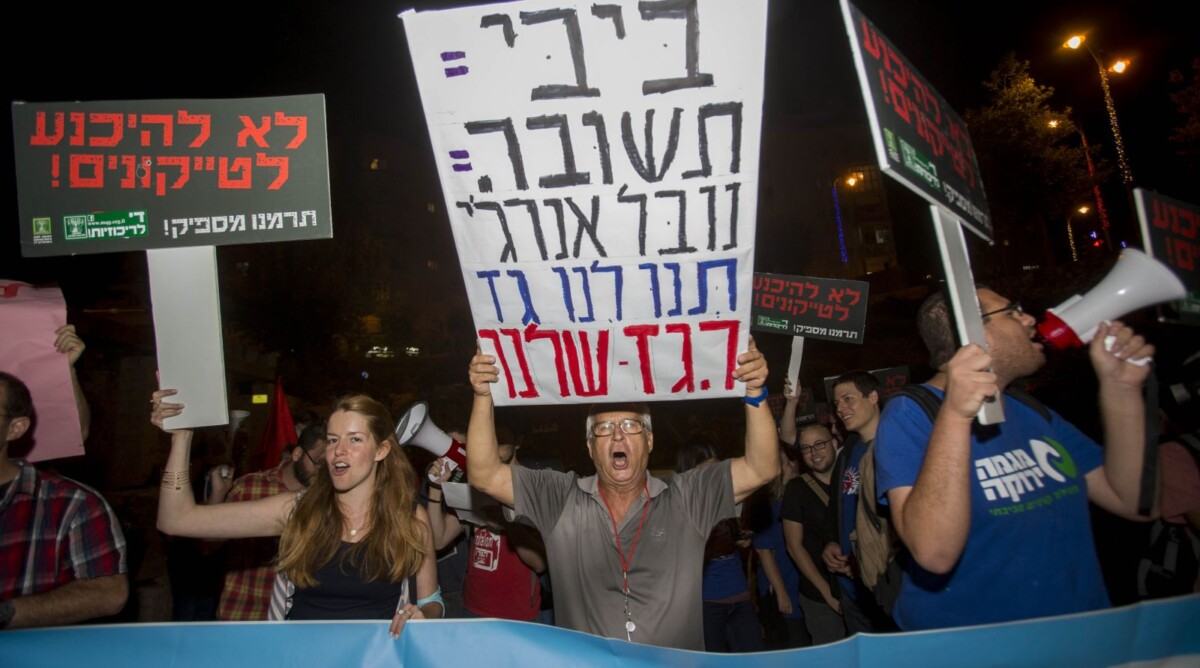 הפגנה נגד מתווה הפשרה בין ממשלת ישראל ומונופול הגז. ירושלים, 11.7.15 (צילום: יונתן זינדל)