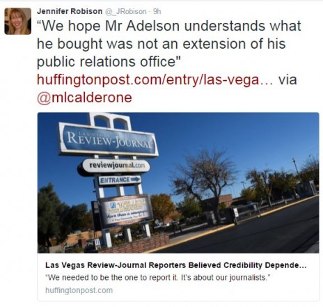 "אנחנו מקווים שמר אדלסון יבין שמה שהוא קנה אינו שלוחה של משרד יחסי-הציבור שלו". ציוץ של כתבת ה"לאס-וגאס ריביו-ג'ורנל" ג'ניפר רוביסון (צילום מסך)