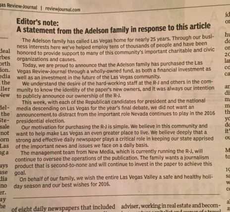 הודעת הרכישה של משפחת אדלסון כפי שפורסמה ב-LVRJ, בצמוד לכתבה העוסקת בזהות הרוכשים (צילום: מתוך חשבון הטוויטר של מולי בול. לחצו להגדלה) 