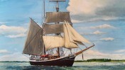 האונייה "סורן לארסן", אחת מכמה שצולמו לסדרה "קו אונידין", כפי שצוירה בידי הצייר הבלגי יסמינה (צילום: Georges Jansoone, רישיון: CC-BY-3.0)