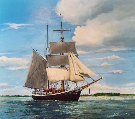 האונייה "סורן לארסן", אחת מכמה שצולמו לסדרה "קו אונידין", כפי שצוירה בידי הצייר הבלגי יסמינה, (צילום: Georges Jansoone, רשיון: CC BY 3.0)