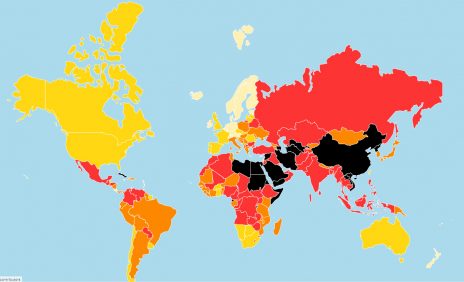 חופש העיתונות בעולם לפי ארגון "עיתונאים ללא גבולות" (צבע כהה מצביע על דירוג נמוך)