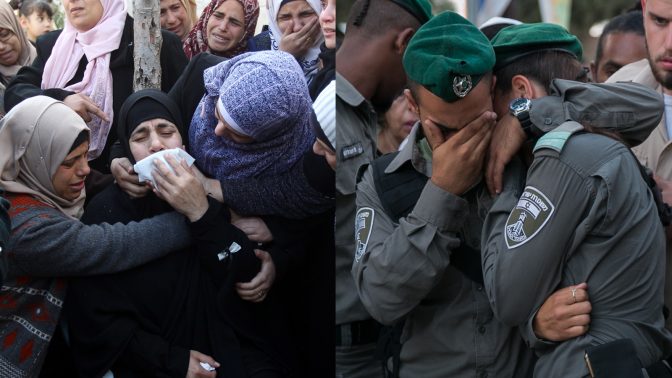 מימין: שוטרי מג"ב בהלוויה של חברם, שנהרג בפיגוע. משמאל: בנות משפחה וחברים של מחבל פלסטיני מחברון, שנורה למוות על-ידי חיילים, בוכים בהלווייתו (צילומים: ויסאם השלמון ומרים אלסטר)