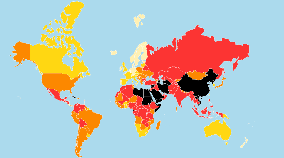 מפת מדד חופש העיתונות של RSF ל-2018 (צילום מסך)