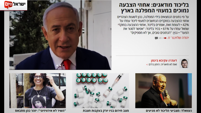 דף הבית של "ישראל היום" ביום הבחירות