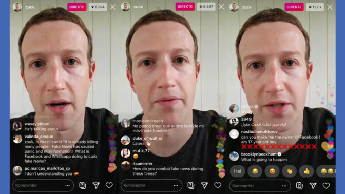 מארק צוקרברג, מנכ"ל ומייסד פייסבוק, במונולוג וידיאו ששודר באינסטגרם על רקע מגפת הקורונה, החודש (צילומי מסך)