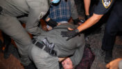 שוטרים עוצרים מפגין, ירושלים 22.8.2020 (צילום: נעם ריבקין-פנטון)