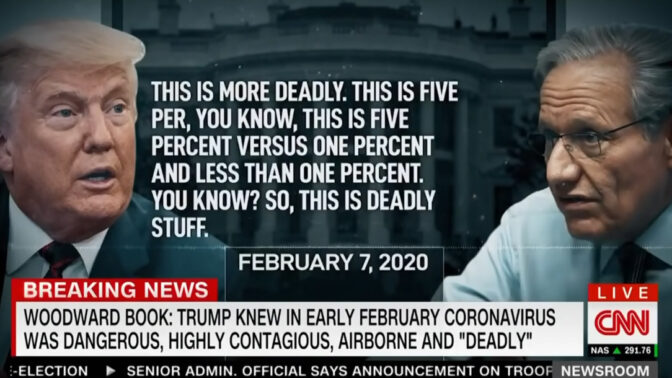דונלד טראמפ מספר לבוב וודוורד על מידת הסכנה שבנגיף הקורונה (צילום מסך משידורי CNN)