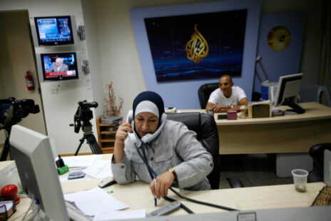 A Palestinian woman works at the Al-Jazeera TV station in the West Bank city of Ramallah. June 14, 2009. Photo by Miriam Alster/Flash90