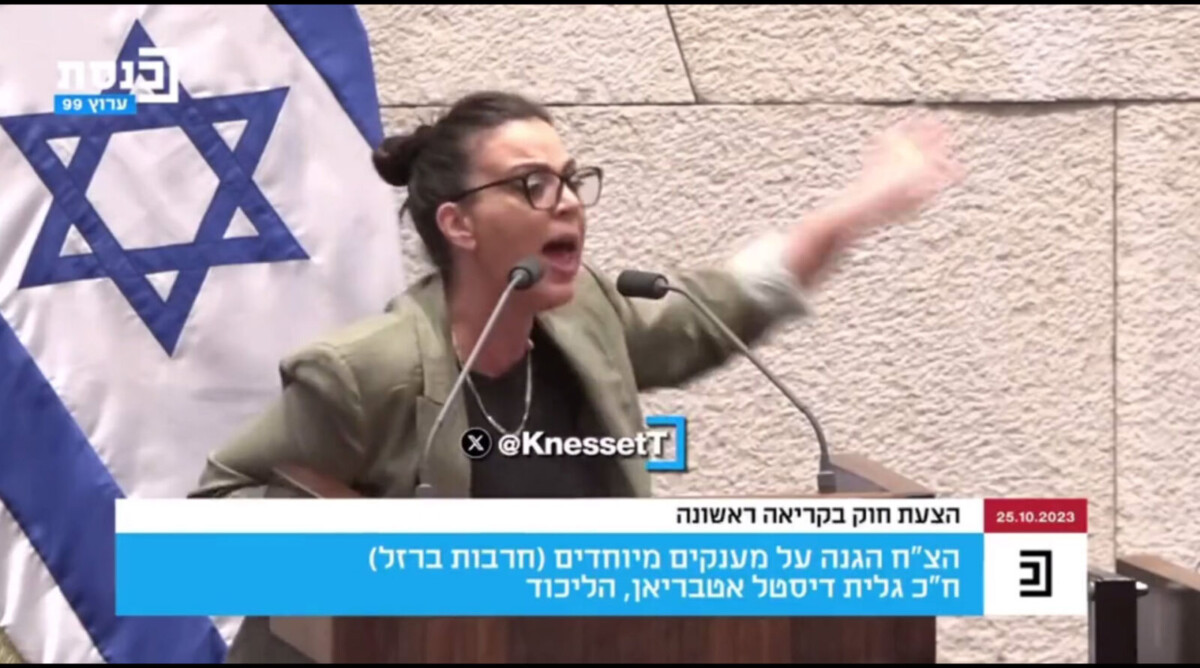 חברת הכנסת גלית דיסטל-אטבריאן מתלהמת מעל דוכן הכנסת, 25.10.23 (צילום מסך)