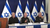 Members of the War Cabinet: Prime Minister Benjamin Netanyahu, Defense Minister Yoav Galant and Minister Benny Gantz, at a press conference (edited screenshot)