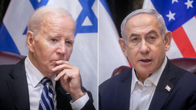 רה"מ בנימין נתניהו (מימין) ונשיא ארה"ב ג'ו ביידן, בעת פגישתם בתל-אביב, 18.10.23 (צילומים: מרים אלסטר)