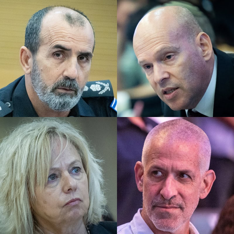 מימין למעלה, בכיוון השעון: פרקליט המדינה עמית איסמן, ראש השב"כ היוצא רונן בר, היועצת המשפטית לממשלה גלי בהרב-מיארה והמפכ"ל דני לוי (צילומים: יונתן זינדל וחיים גולדברג)