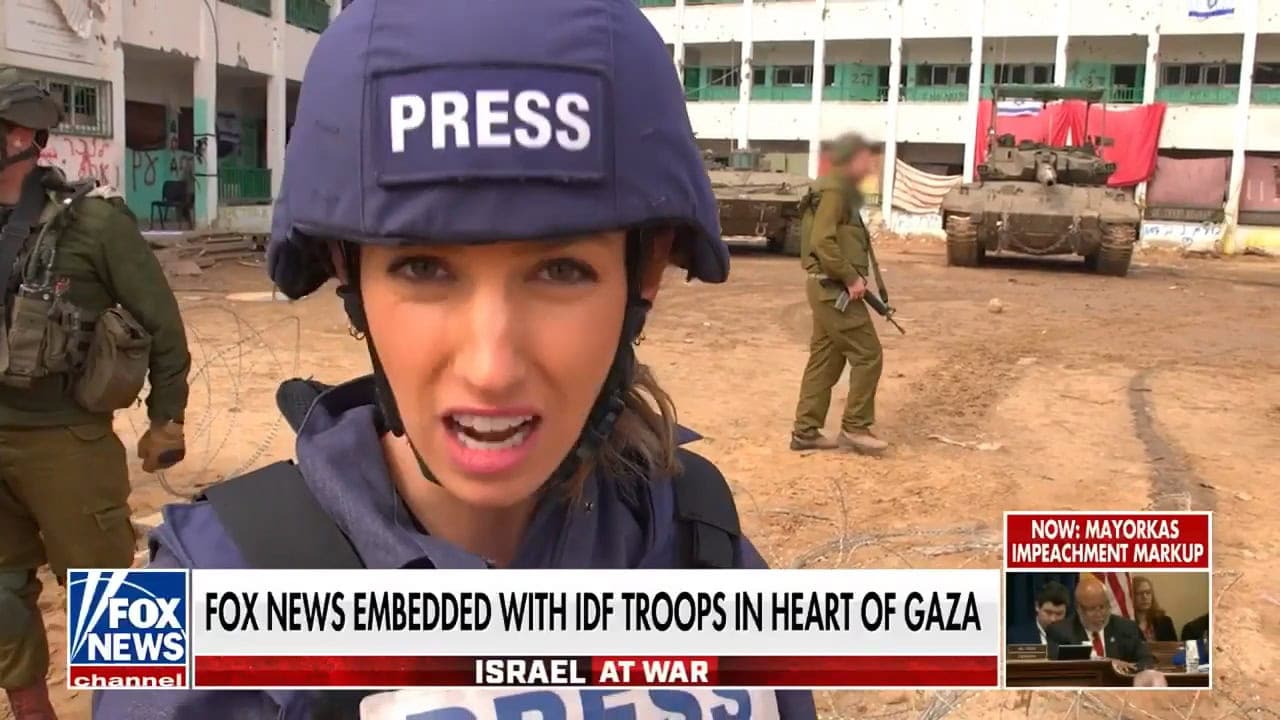 Fox News reporter Alex Hogan in a report "embedded" inside an IDF unit in the Gaza Strip, January 30, 2024 (screenshot) Fox News reporter Alex Hogan in a report "embedded" inside an IDF unit in the Gaza Strip, January 30, 2024 (screenshot)