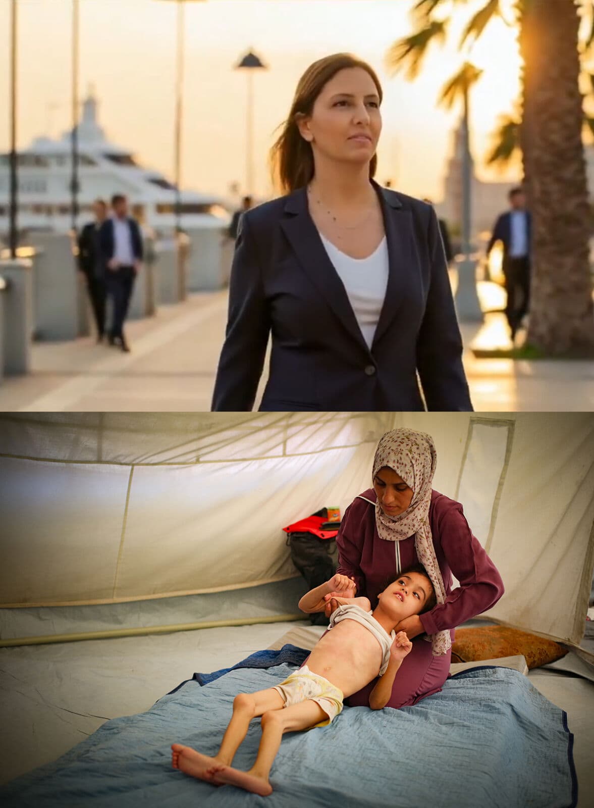 למעלה: השרה גילה גמליאל כפי שדמיינה את עצמה בסרטון טרנספר שנוצר בבינה מלאכותית והופץ על-ידה, 22.7.25. למטה: אם פלסטינית סועדת ילדה הסובלת מתת-תזונה בשל המצור הישראלי על רצועת עזה, 26.7.25 (צילום: עלי חסן)