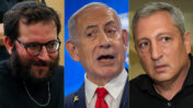 מימין: עד המדינה ניר חפץ, יועצו לשעבר של נתניהו; רה"מ הנאשם בנימין נתניהו; יועץ נתניהו יונתן אוריך, החשוד בפלילים (צילומים: פלאש90)