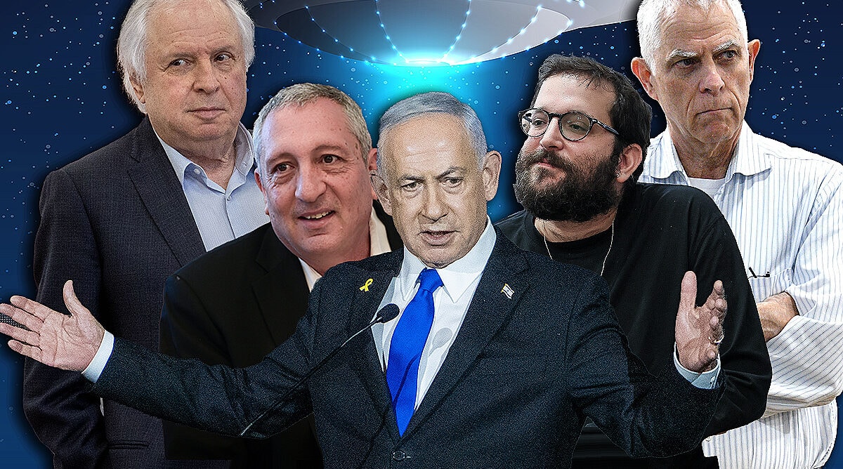 מימין: נאשם מס' 4 ארנון (נוני) מוזס, מו"ל "ידיעות אחרונות"; חשוד בפלילים יונתן אוריך, יועץ רה"מ נתניהו; נאשם מס 1, רה"מ בנימין נתניהו; עד המדינה ניר חפץ, לשעבר יועץ נתניהו ועורך ב"ידיעות אחרונות"; נאשם מס' 2 שאול אלוביץ', לשעבר הבעלים של בזק ו"וואלה" (צילומים מקוריים: פלאש90)