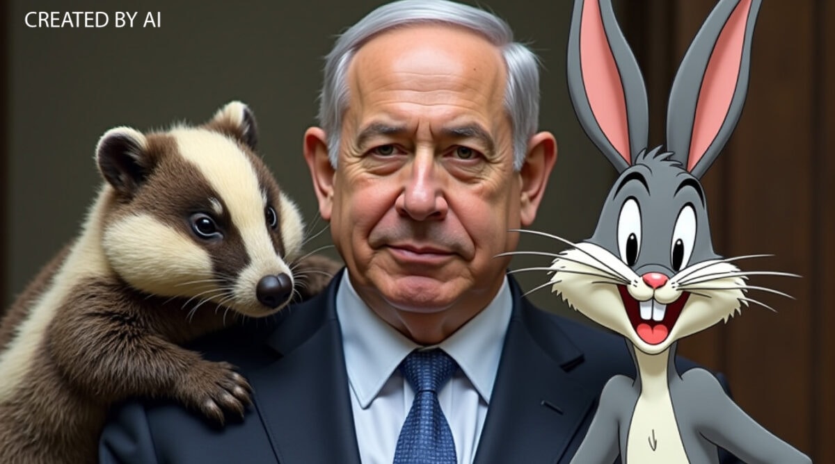 בנימין נתניהו עם באגס באני וגירית (הדימוי נוצר באמצעות בינה מלאכותית)