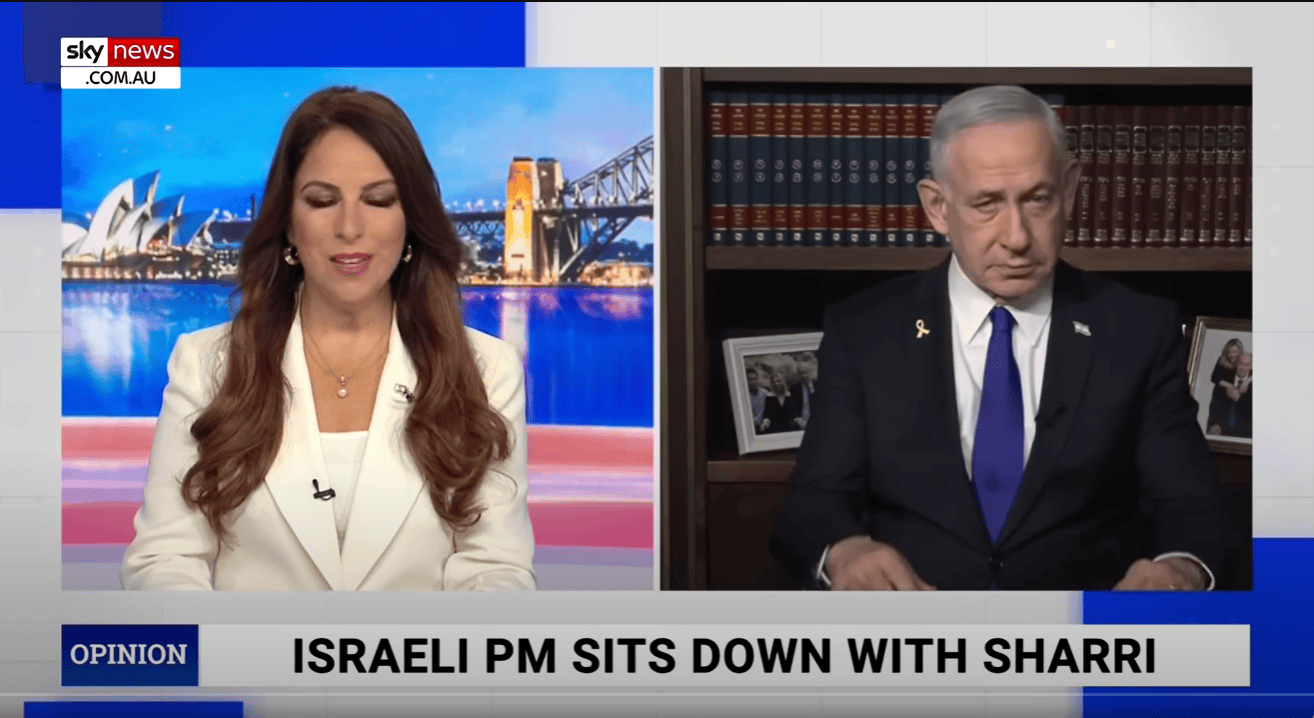 רה"מ בנימין נתניהו מתארח אצל שרי מרקסון בסקיי-ניוז אוסטרליה, 21.8.25 (צילום מסך) רה"מ בנימין נתניהו מתארח אצל שרי מרקסון בסקיי-ניוז אוסטרליה, 21.8.25 (צילום מסך)