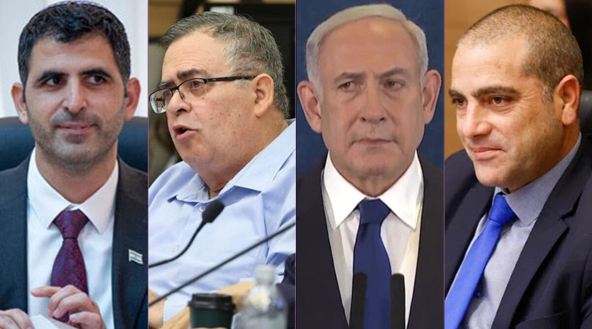 מימין: יו"ר ועדת הכנסת ח"כ אופיר כץ, רה"מ הנאשם בנימין נתניהו, יו"ר ועדת הכלכלה ח"כ הנאשם דוד ביטן, שר התקשורת שלמה קרעי (צילומים: פלאש90, דוברות הכנסת)