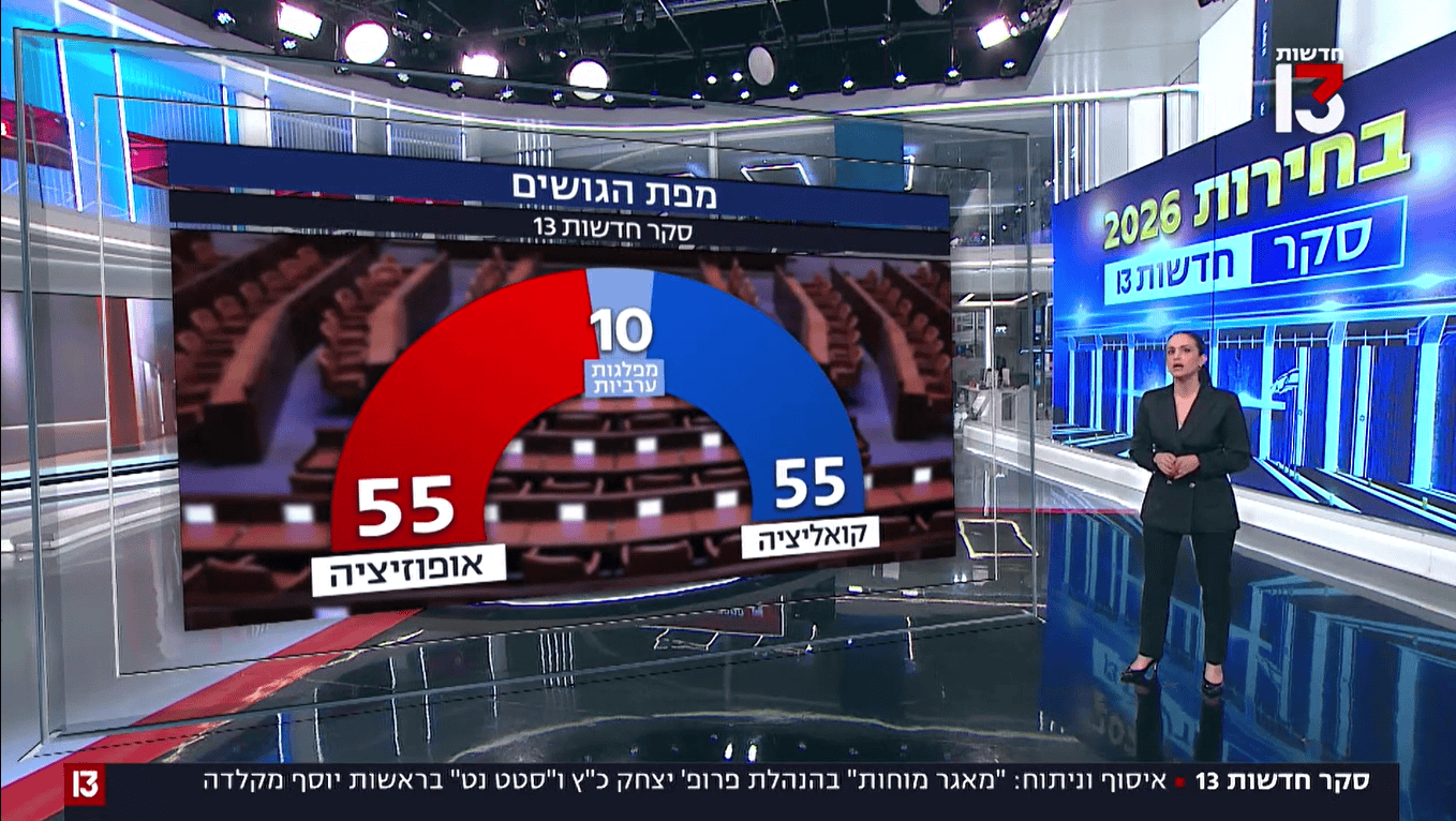 מפת הגושים השגויה מוצגת על ידי ליאור קינן, המהדורה המרכזית "חדשות 13", 23.12.25 (צילום מסך)
