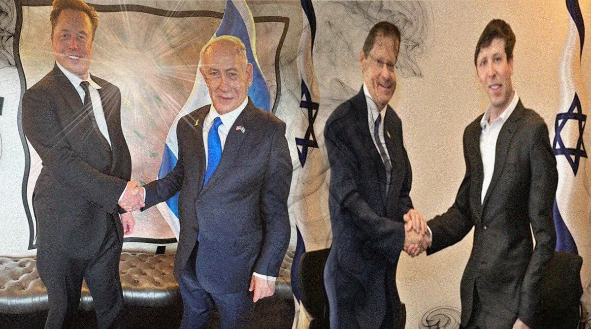 נשיא מדינת ישראל יצחק הרצוג לוחץ את ידו של מנכ"ל OpenAi סם אלטמן, רה"מ הנאשם של מדינת ישראל בנימין נתניהו לוחץ את ידו של הבעלים של טוויטר אילון מאסק (צילומים: מקוריים: לשכת העיתונות הממשלתית ולשכת ראש הממשלה)
