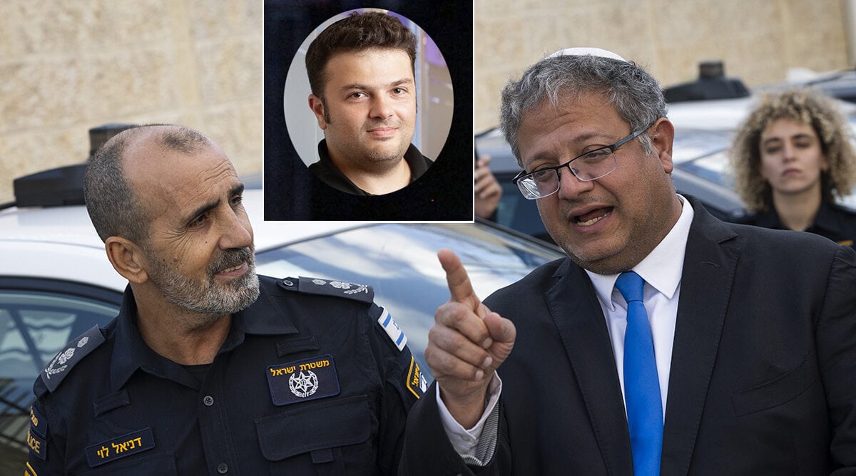השר לביטחון לאומי איתמר בן-גביר (מימין) ומפכ"ל המשטרה דני לוי. ברקע: בן האוליגרך יצחק מירילשוילי, הבעלים של ערוץ 14 (צילומים: חיים גולדברג ורונן גולדמן, רשיון CC BY-SA 3.0) השר לביטחון לאומי איתמר בן-גביר (מימין) ומפכ"ל המשטרה דני לוי. ברקע: בן האוליגרך יצחק מירילשוילי, הבעלים של ערוץ 14 (צילומים: חיים גולדברג ורונן גולדמן, רשיון CC BY-SA 3.0)