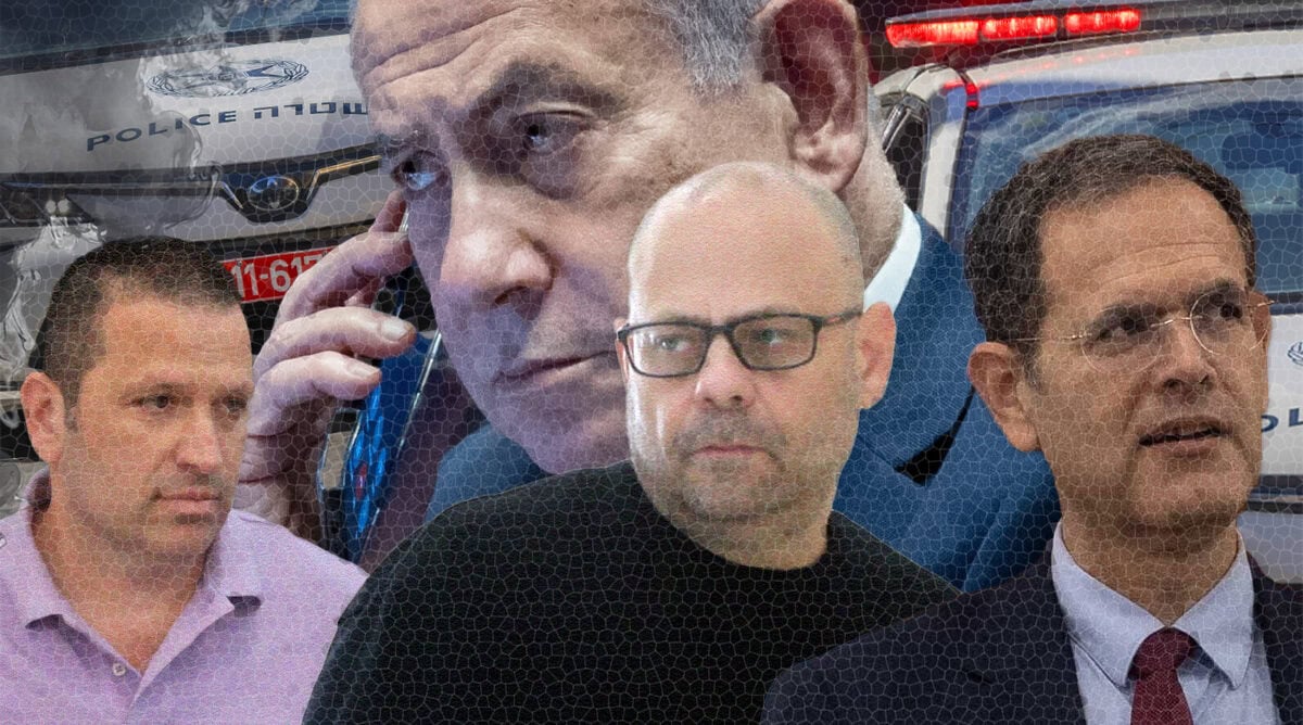 רה"מ הנאשם בנימין נתניהו ועדי ההגנה משה סעדה, צחי חבקין ודובי שרצר (צילומים: פלאש90 ו"העין השביעית")