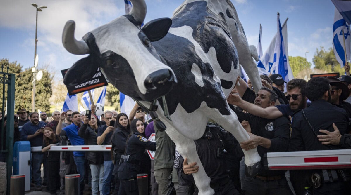 הפגנה של בעלי רפתות מול משרד האוצר בירושלים, 4.2.26 (צילום: יונתן זינדל)