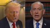 נשיא ארה"ב דונלד טראמפ (משמאל) וראש ממשלת ישראל בנימין נתניהו מדברים על המלחמה באיראן (צילומי מסך מעובדים)