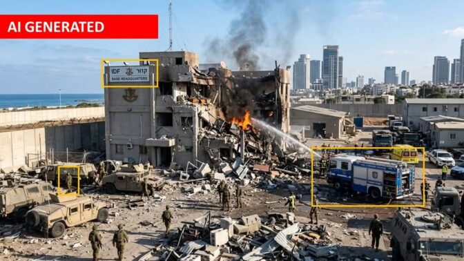 תמונת AI המדמה פגיעה במתקן צבאי בישראל. מסומן: האמבולנס בצבעי כחול לבן והעברית בשלט משובשת תמונת AI המדמה פגיעה במתקן צבאי בישראל. מסומן: האמבולנס בצבעי כחול לבן והעברית בשלט משובשת