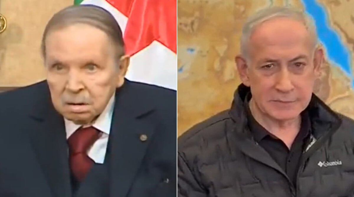 מימין: רה"מ הנאשם בנימין נתניהו והרודן האלג'יראי עבד אל-עזיז בוטפליקה (צילומי מסך)