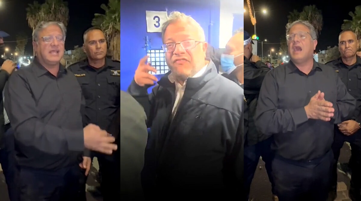 השר איתמר בן-גביר עם אנשי משטרה ושב"ס, מתוך שניים מהסרטונים שנכללים בעתירה (צילומי מסך מתוך ערוץ הטיקטוק של בן-גביר) השר איתמר בן-גביר עם אנשי משטרה ושב"ס, מתוך שניים מהסרטונים שנכללים בעתירה (צילומי מסך מתוך ערוץ הטיקטוק של בן-גביר)
